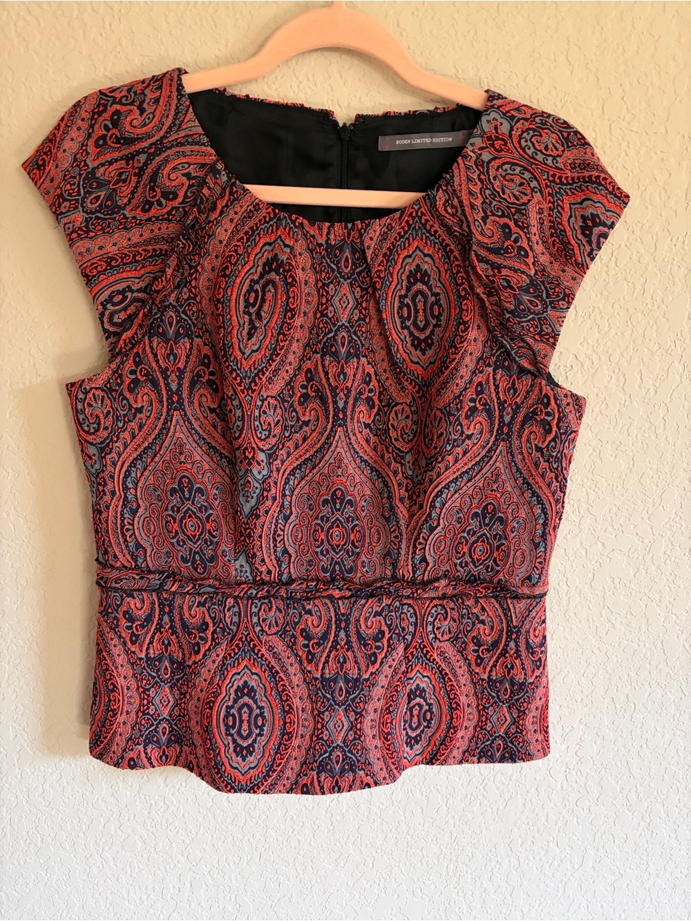NWOT Boden Limited Edition Women's Paisley Cap Sleeve Top in Orange & Navy